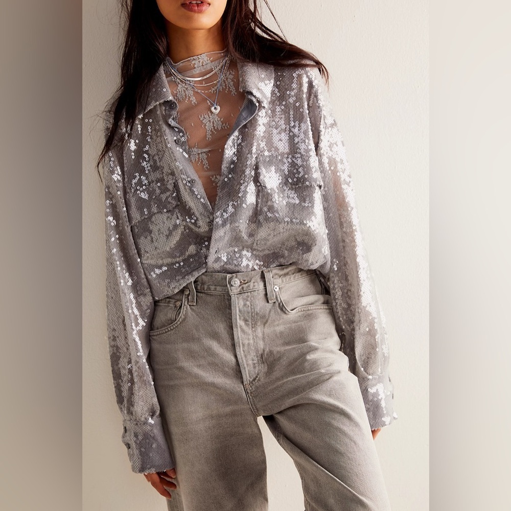 Free People “Disco Margarita” Sequin Button-Down Shirt – Silver – Size Small